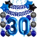 Kit déco 30e anniversaire bleu et noir avec ballons et banderole Happy Birthday festive - Ensemble 30e Anniversaire