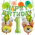 Detail of Jungle Zoo themed 1st birthday set with animal balloons and leaf banners - Animal Banner Set Style 1