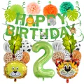 Safari 2nd birthday set with animal balloons, green banner, and number two balloon - Animal Banner Set Style 2