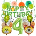 Close-up of jungle animal birthday decor set including number 4 balloon and banners - Animal Banner Set Style 4