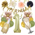 Detailed components of first birthday party set with champagne balloons and banners - Age 1 Set