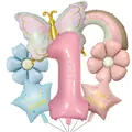 Close-up of pastel butterfly and daisy foil balloon set for first birthday decor - Butterfly Rainbow Set (Number 1)