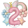 Detail of pink number 2 butterfly and daisy foil balloons for birthday party setup - Butterfly Rainbow Set (Number 2)