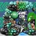Green and black gaming birthday party balloon arch with game controller and backdrop set - Video Game Balloon Chain