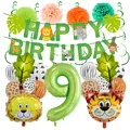 Dettagli del set compleanno giungla con palloncini leone tigre e numero nove verde - Set Banner Animale Stile 9