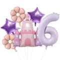 Détail de l'ensemble de ballons château princesse avec chiffre 6 violet et marguerites - Style Château Étoile Marguerite Nombre VI (Set Princesse 6)
