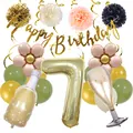 Detail view of champagne balloon set with Happy Birthday banner and golden paper pom-poms - Age 7 Set