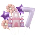 Détail du lot de 6 ballons château de princesse avec chiffre 7 violet et marguerites - Style Château Étoile Marguerite Nombre VII (Set Princesse 7)