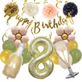 Detail view of birthday party set with gold number 8, champagne bottle balloons and banner - Age 8 Set