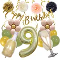 Detail of 9th birthday party kit with gold balloons and champagne bottle decoration - Age 9 Set