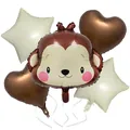 Set de 5 ballons de fête avec un singe mignon, des cœurs marron et des étoiles crème - Singe Marron