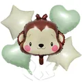 5-piece cute animal balloon set featuring monkey head with green hearts and stars - Monkey Olive Green