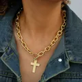 Collar de cadena gruesa dorada con colgante de cruz y cierre de palanca con strass - Collar / Estilo Cadena Gruesa Cruz Cierre OT (6593801HB)