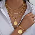 Conjunto de collares dorados de tres capas con colgante de moneda grabada para mujer - Collar / Estilo de Capas Retrato Reina Moneda (6605201HB)