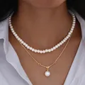 Elegante collar de perlas de imitación de doble capa con cadena dorada en modelo - Collar / Estilo Colgante de Perla Doble Capa (6594501HB)