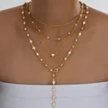 Collar de capas dorado con corazón y perlas blancas con borla larga vertical - Estilo de 4 Capas Corazón Perla Borla Dorado (6611901HB)