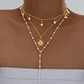 Conjunto de tres collares dorados con colgante de corazón, lazo, perlas y sol - Estilo de 3 Capas Sol Estrella Perla Borla Dorado (6613301HB)