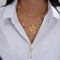 Juego de collares dorados de tres capas con colgante de flor y piedras de colores - Collar / Estilo Dorado Flor 3D Piedra Colorida (6606301HB)