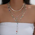 Conjunto de collares multicapa plateados con colgante de cruz y dijes de piedras de color - Collar / Estilo de Capas Cruz Piedra Colorida (6603402HB)