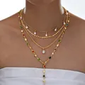 Collar multicapa dorado con perlas, circonitas en gota y piedras preciosas de colores - Collar / Estilo Perla Lágrima Zirconia Piedra Colorida (6580001HB)