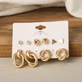 6-piece gold geometric earring set with rhinestones and twisted metal hoops on card - Multi-piece Geometric Rhinestone Style (54045)