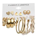 9-pair set of gold fashion earrings with pearls, hearts, butterflies and chain designs - Heart Butterfly Artificial Pearl Gold Multi-piece Set (53725)