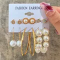 9-piece vintage gold geometric earring set with pearls and rhinestones on card - Petal Pearl Rhinestone Hoop Gold Earring Set (5244301)