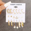 6-piece vintage gold earring set featuring faux pearls and geometric textured metal hoops - Twist Triangle Pearl Gold Earring Set (5612401)