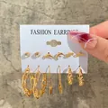 6-piece gold earrings set including butterfly, pin, and hoop designs on display card - Crescent Moon Star Chain Hoop Gold Earrings (5312002)