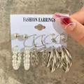 6-piece silver metal chain and hoop earring set featuring pearls on white fashion card - Chain Pearl Layered Hoop Silver Set (534330225)