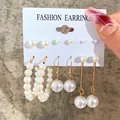 Set of 6 gold-plated earrings with white pearls in various sizes and hoop designs - Large Pearl Hoop Hook Gold Set (5244302)