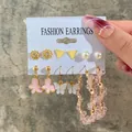 6-piece gold earring set featuring pink butterflies, white pearls, and floral studs - Pink Butterfly Artificial Pearl Multi-piece Set (51802)