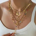 Conjunto de collares dorados de varias capas con gemas de colores y colgantes de sol - Collar / Estilo Piedra Colorida Corazón Sol (6589201HB)