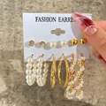 6-pair set of gold fashion earrings with faux pearls, rhinestones, and heart charms - Heart Rhinestone Pearl Hoop Gold Earring Set (5171)