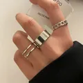 Three-piece silver open ring set with chain and twist textures for layered wear - Silver Minimalist Chain and Wide Band Set (5261901)