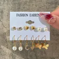 French vintage 6-pair gold earring set featuring butterfly, moon, star and pearl charms - Boho Star Moon Butterfly Gold Earring Set (51796)