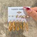 6-pair set of gold hoop earrings with pearls and rhinestones on display card - Infinity Symbol Chain Pearl Gold Set (5312001)