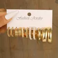 6-piece vintage gold hoop earring set with pearls on display card for women - Geometric Square Pearl Textured Gold Earrings (5904801)