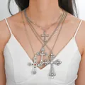 Collar multicapa vintage plateado con cruces adornadas con perlas y gemas de colores - Cruz Vintage Perla Piedras Coloridas Plateado Capas (6531401HB)