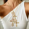 Juego de collares dorados de varias capas con colgantes de cruz y detalles de perlas - Cruz Vintage Perla Piedras Coloridas Dorado Capas (6531402HB)