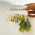 6-pair set of gold-tone earrings with pearls, green resin hoops, and bohemian silk tassels - Bohemian Tassel Multi-piece Set (54777)