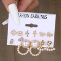 6-pair set of French vintage gold earrings featuring white pearls and clover designs - Clover Leaf Bow Pearl Gold Set (5792501)