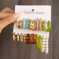 French vintage 9-piece gold earring set with pearls and marble resin hoops - Marble Amber Pearl Colorful Hoop Set (5795101)