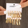 French vintage style gold pearl hoop earring set with 6 pieces on a white jewelry card - Polished Geometric Rect Twist Gold Hoop Set (5742601HB)