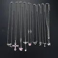 Juego de diez collares plateados con colgantes de mariposa, cruz y corazón de cristal - Collar / Estilo Combinación de 10 Piezas Plateado (6417601HB)