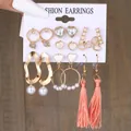 Set of 6 gold earrings with pearls, crystals, heart charms, and pink silk tassels - Planet Heart Pink Tassel Gold Earring Set (5700601HB)