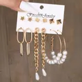 6-pair set of gold geometric earrings with pearls, including hoops and studs on card - Geometric Square Pearl Long Chain Gold Set (5717001HB)