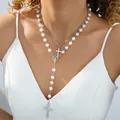 Conjunto de collares de doble capa plateados con perlas y colgantes de cruz - Estilo de Doble Capa Cruz de Perlas Virgen María Borla en Y Plateado (6603201HB)