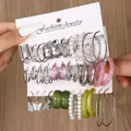 6-piece vintage gold hoop earring set featuring white pearls and green resin charms - Pink Butterfly Pearl Hoop Colorful Silver Set (5715502HB)