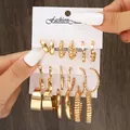 6-piece gold hoop earring set with minimalist geometric and twisted designs - Spiral Geometric Twist Wide Gold Earring Set (5742701HB)